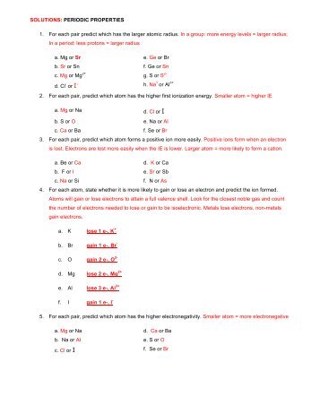 SOLUTIONS: PERIODIC PROPERTIES 1. For each pair predict ...