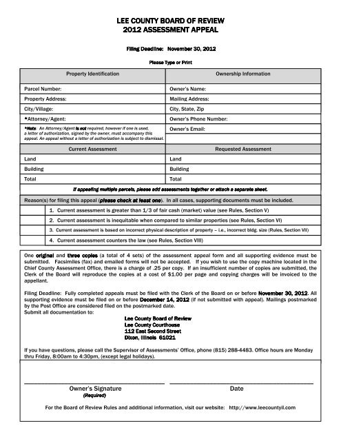 Appeal Form - Lee County, Illinois