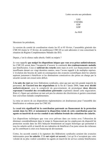 Lettre ouverte aux présidents UFE UNEMIG EDF GDF Au ... - CCAS