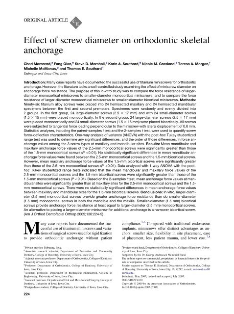 Effect of screw diameter on orthodontic skeletal anchorage