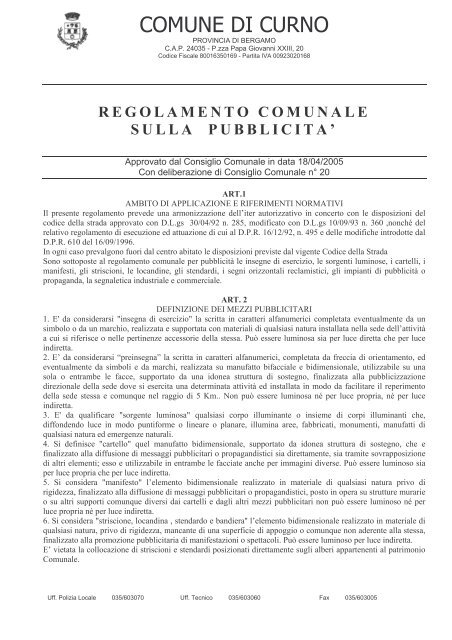 Regolamento comunale sulla pubblicita' - Comune di Curno