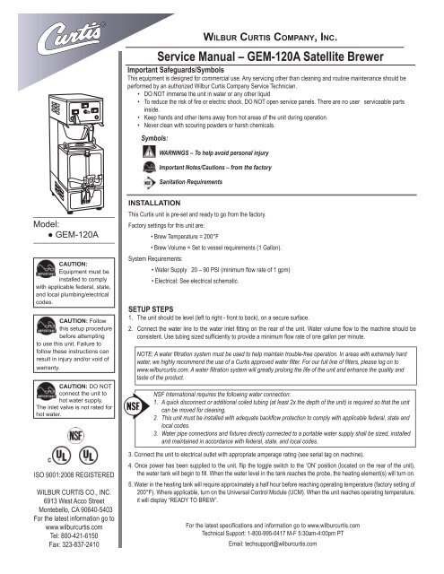 Service Manual – GEM-120A Satellite Brewer - Wilbur Curtis