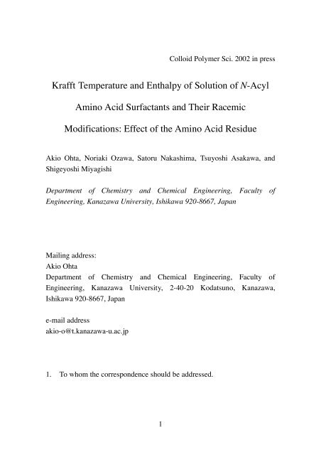 Title Krafft temperature and enthalpy of solution of N-acyl amino acid ...