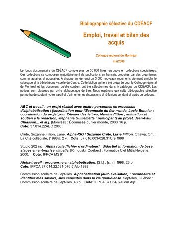 Emploi, travail, bilan.RTF - Bibliothèque virtuelle - CDÉACF