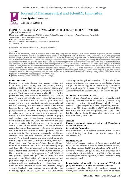 Formulation design and evaluation of herbal Anti psoriatic Emulgel