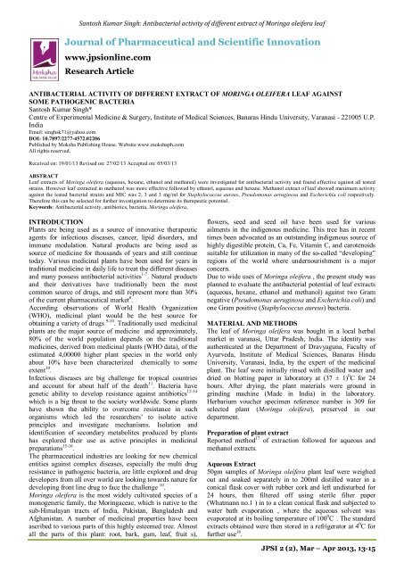 Antibacterial activity of different extract of Moringa oleifera leaf ...