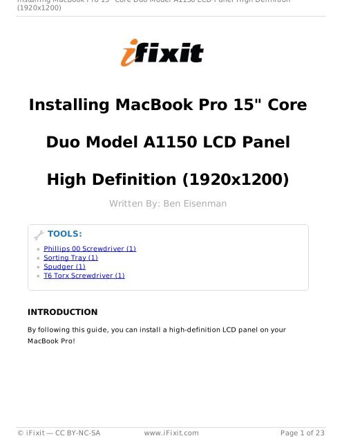 Installing MacBook Pro 15" Core Duo Model A1150 LCD ... - iFixit