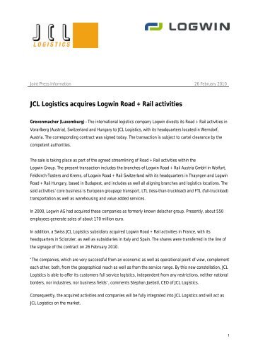 JCL Logistics acquires Logwin Road + Rail activities