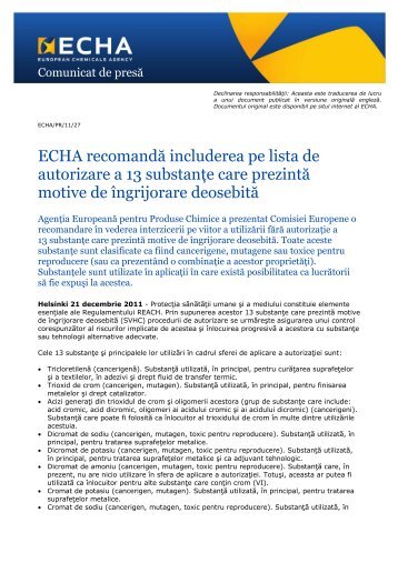 ECHA recomandă includerea pe lista de autorizare ... - ECHA - Europa