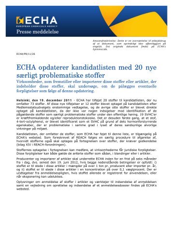 ECHA opdaterer kandidatlisten med 20 nye særligt ... - ECHA - Europa