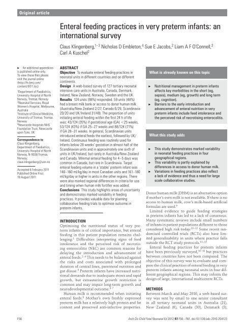 Enteral feeding practices in very preterm infants: an international ...