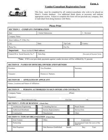 Form A Vendor/Consultant Registration Form - Metra