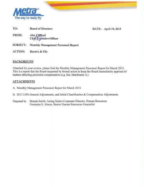 Item 13 Monthly Management Personnel Report - Metra