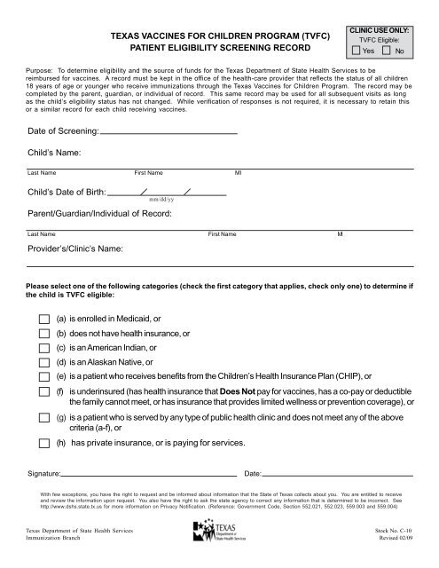 DSHS C-10 TVFC PATIENT ELIGIBILITY SCREENING FORM 02.09