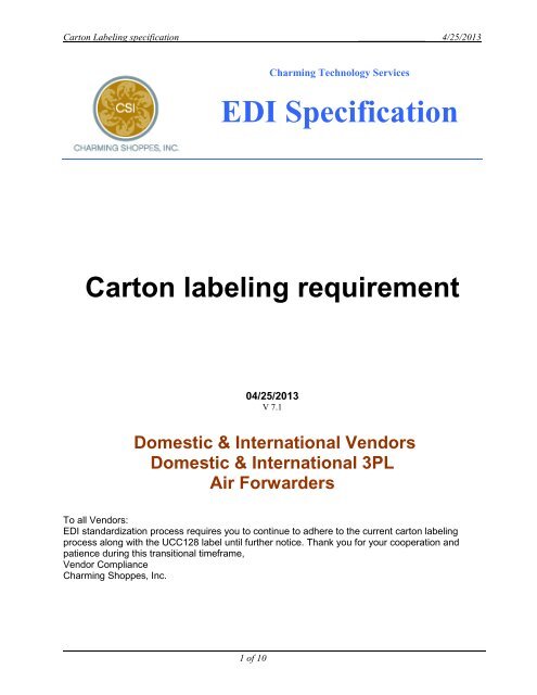 EDI Specification - CSI Vendor Manual