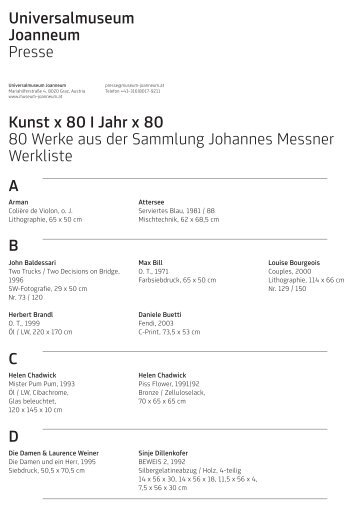 Kunst x 80 I Jahr x 80 80 Werke aus der Sammlung Johannes ...