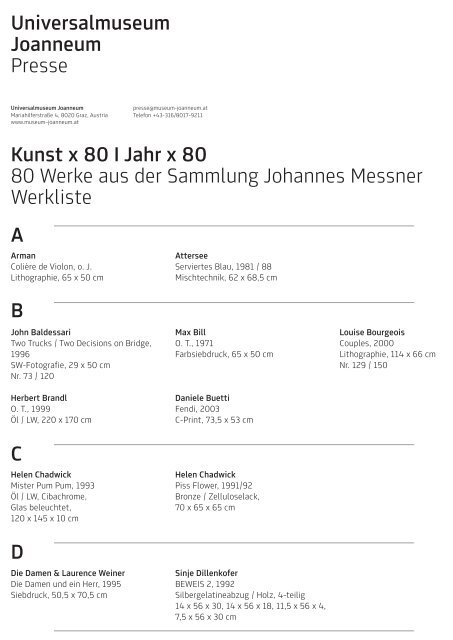 Kunst x 80 I Jahr x 80 80 Werke aus der Sammlung Johannes ...