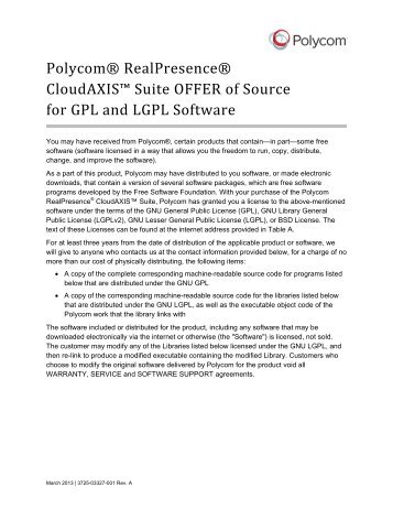 POlycom RealPresence CloudAXIS Open Source Software OFFER