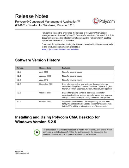 Release Notes for Polycom CMA Desktop for Windows, Version 5.2.5