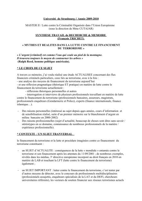 SYNTHESE TRAVAIL De RECHERCHE & MEMOIRE - Grasco