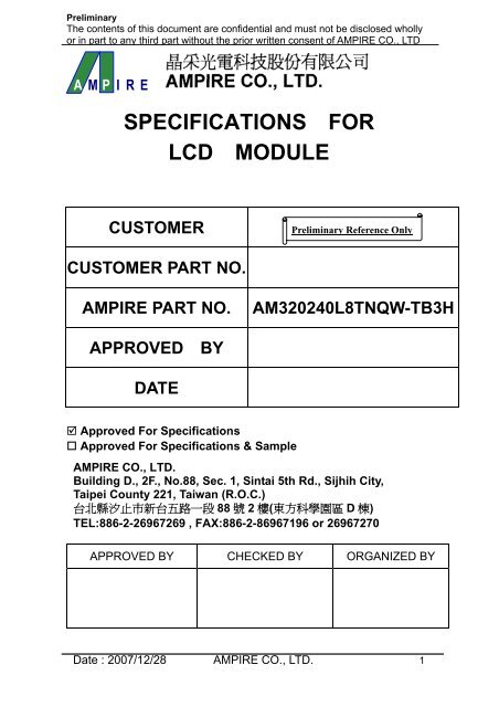 SPECIFICATIONS FOR LCD MODULE - OLED-LCD-TFT