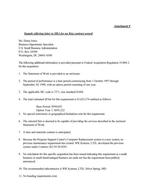 Attachment F Sample Offering Letter To Sba For An 8a Contract