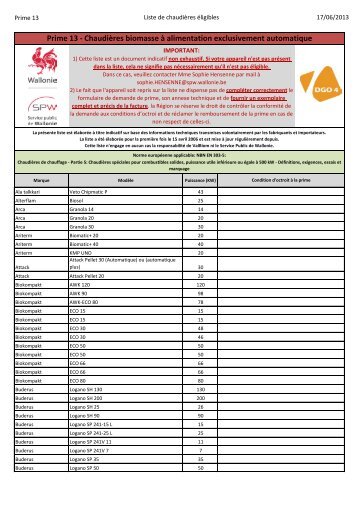 Liste des appareils de chauffage biomasse ... - Energie Wallonie