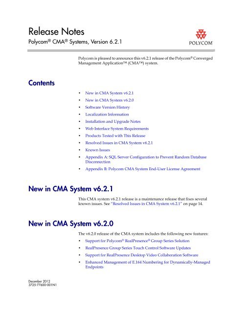 Polycom CMA System Release Notes