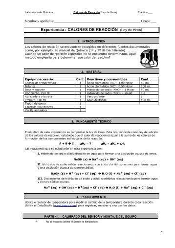 Experiencia : CALORES DE REACCIÓN (Ley de Hess)