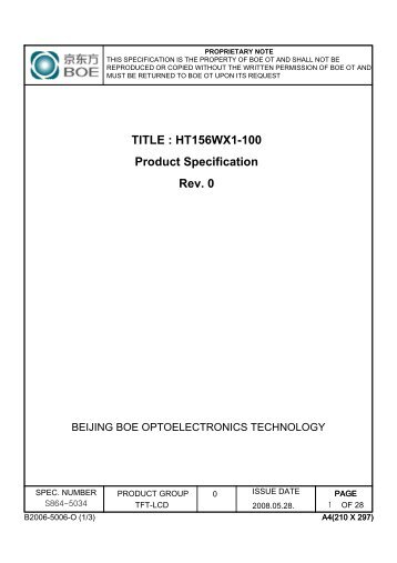 TITLE : HT156WX1-100 Product Specification Rev. 0 - OLED-LCD-TFT