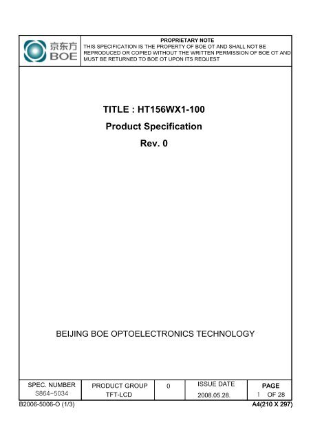 TITLE : HT156WX1-100 Product Specification Rev. 0 - OLED-LCD-TFT