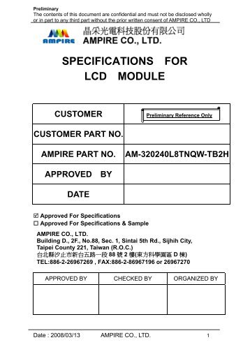 SPECIFICATIONS FOR LCD MODULE - OLED-LCD-TFT