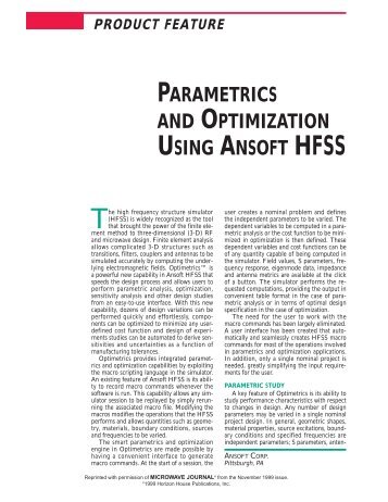 Optimetrics: Parametrics and Optimization Using Ansoft HFSS