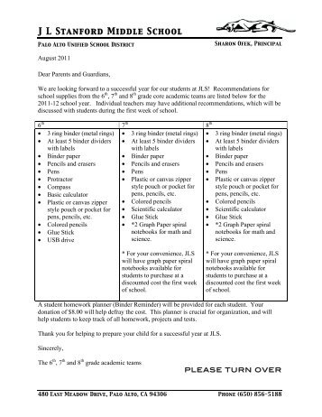 Recommended School Supplies (pdf) - Jane Lathrop Stanford ...