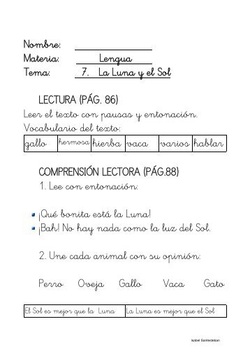 Nombre: Materia: Lengua Tema: 7. La Luna y el Sol LECTURA ...