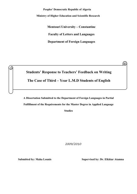 Students' Response to Teachers' Feedback on Writing The Case of ...