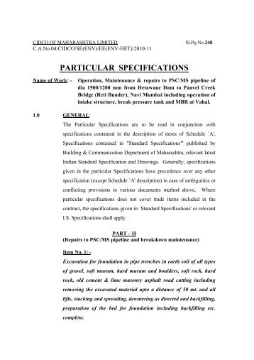 PARTICULAR SPECIFICATIONS - CIDCO Maharashtra Ltd.