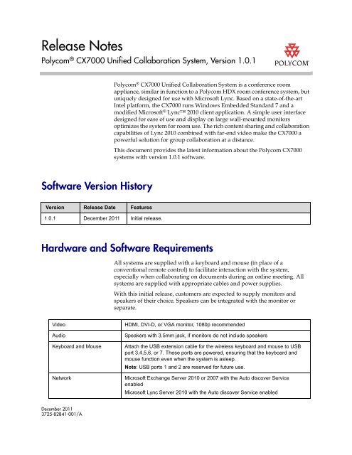 Release Notes for Polycom CX7000 System, Version 1.0.1