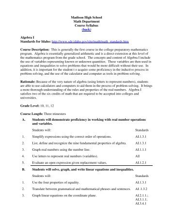 Algebra 1 - Madison School District #321