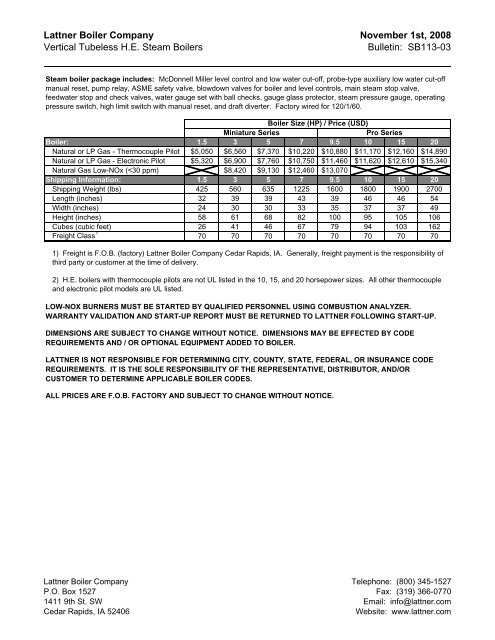 Lattner Prices October 2008 - Lattner Industrial Boilers