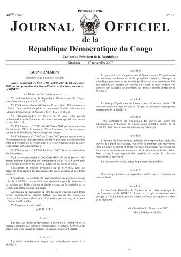 RDC - Arrete ministeriel du 8 septembre 2007 ... - Droit-Afrique.com