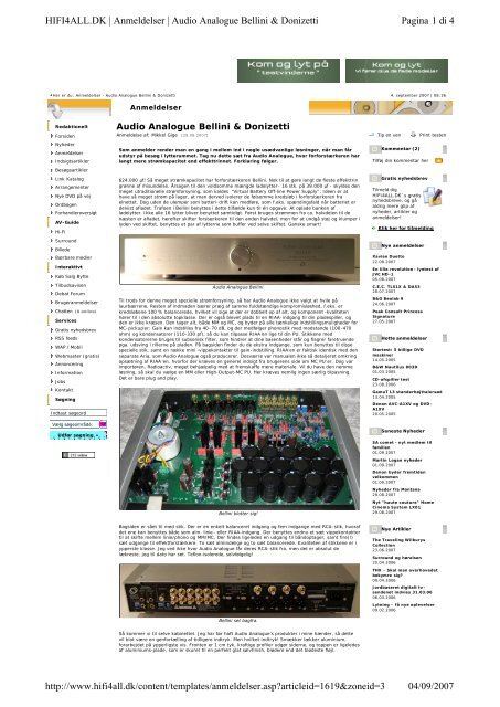 Pagina 1 di 4 HIFI4ALL.DK | Anmeldelser | Audio Analogue Bellini ...