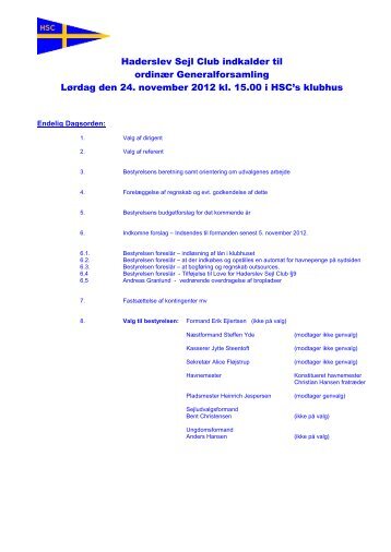 Generalforsamling Endelig Indkaldelse 2012 - Haderslev Sejl-Club