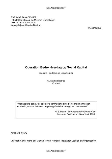 Operation Bedre Hverdag og Social Kapital - Forsvarsakademiet