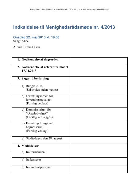 Indkaldelse til Menighedsrådsmøde nr. 4/2013 - Bistrup Kirke