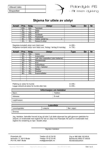 Skjema for utleie av utstyr - Polardykk AS