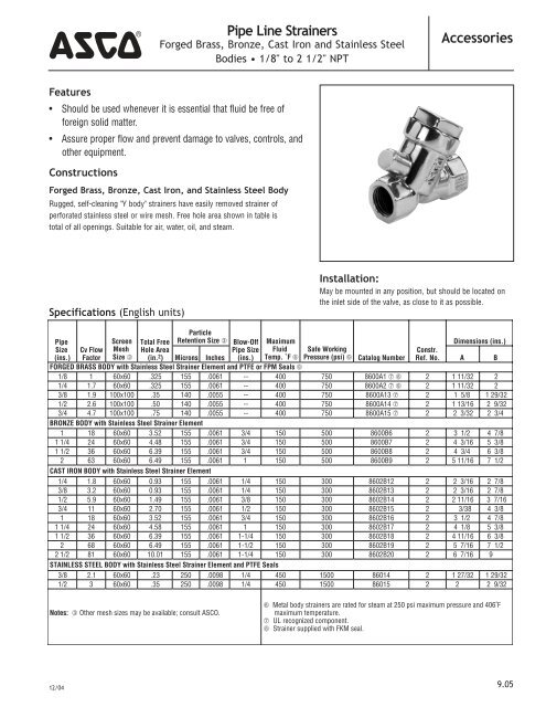 Accessories Pipe Line Strainers - Asco