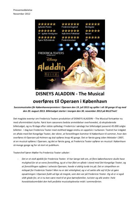 DISNEYS ALADDIN -‐ The Musical overføres til Operaen i København