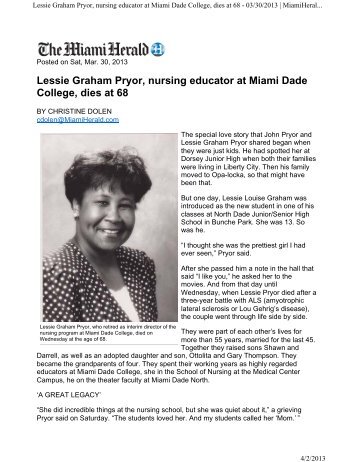 Lessie Graham Pryor, nursing educator at Miami Dade College, dies ...