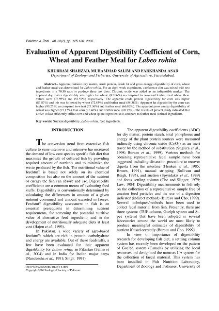 Evaluation of Apparent Digestibility Coefficient of Corn ... - Zsp.com.pk